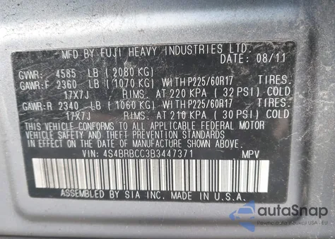 2011 Subaru Outback 2.5I Premium z USA, uszkodzony, nr VIN 4S4BRBCC3B3447371